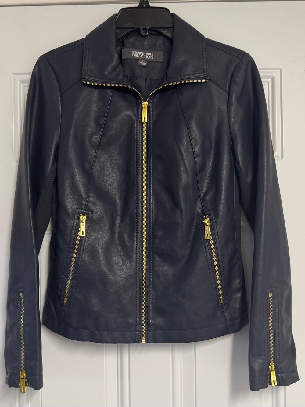 Kenneth Cole Reaction Navy Faux Leather Jacket with Gold Hardware